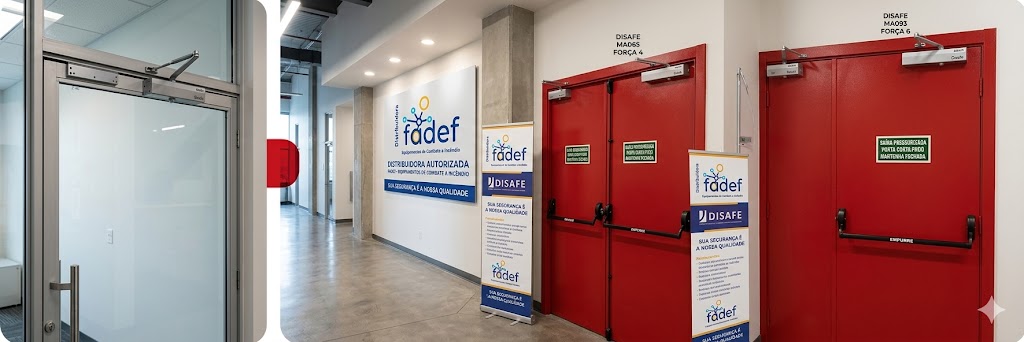 Mola Aérea Para Fechamento de Porta instaladas em uma porta corta-fogo vermelha e uma porta de vidro
